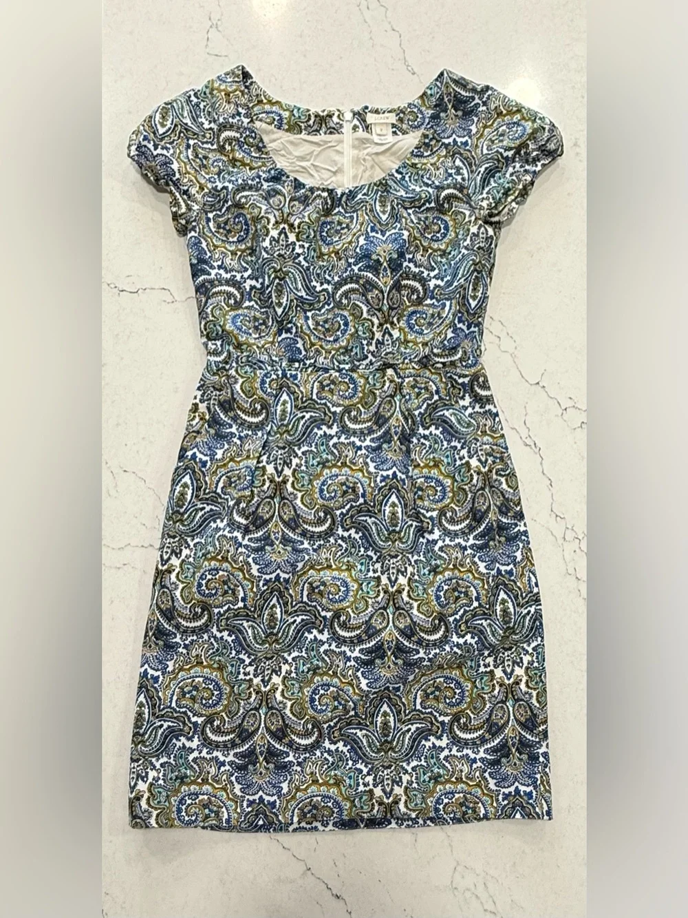 J.CREW Paisley Sheath Dress Blue White Size 2 Cap Sleeve Lined Zip Cotton